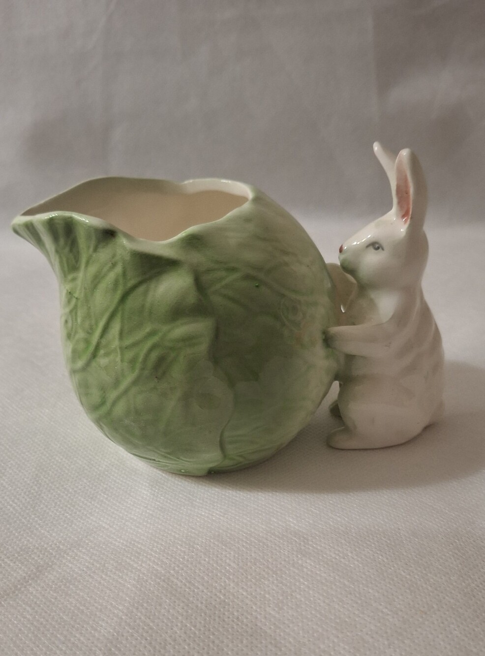 Cabbage Leaf Bunny Creamer Pitcher Rabbit Handle Farmhouse Easter Decor